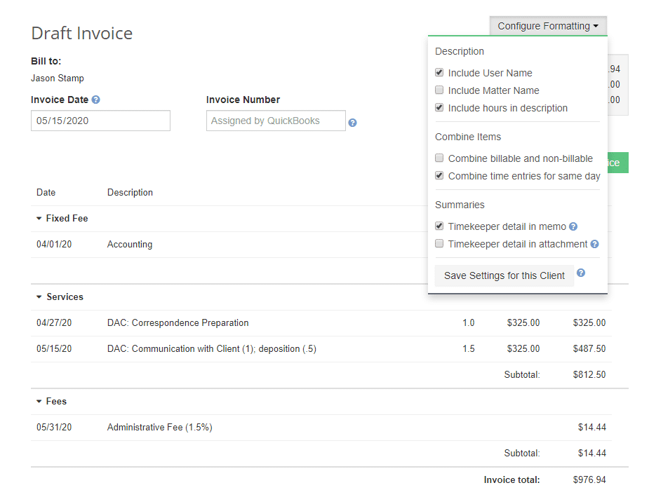 LeanLaw invoice interface